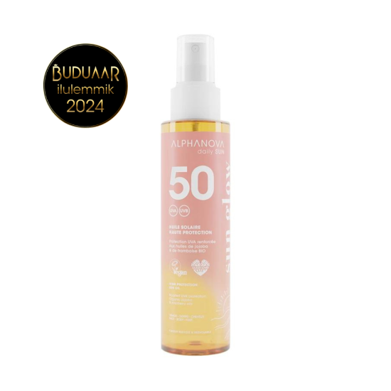 Alphanova DAILY SUN GLOW SPF50 sun oil spray for adults with rasberry, coconut and jojoba oil, 125 ml