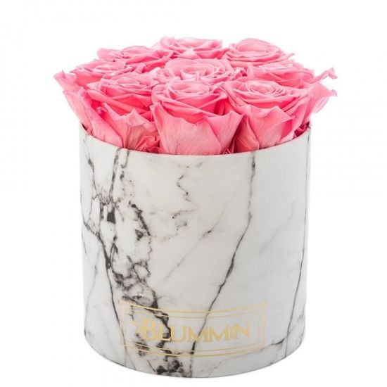 Blummin Medium white marble box with Candy Pink roses