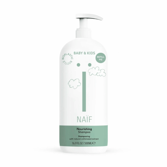 NAÏF niisutav pisaravaba šampoon puuvillaseemne ekstraktiga, taastäidetav pumbaga 500ml