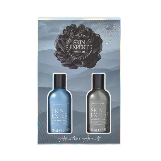 The Kind Edit Co. Skin Expert Mini Shower Kit kinkekomplekt šampooni, dušigeeli ja pesusvammiga